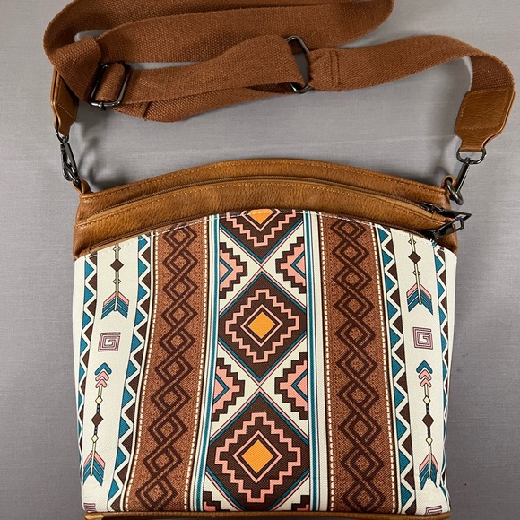 none Handbags - Boho Aztec Style Brown Crossbody Purse retro Canvas Western Pockets& Long Strap